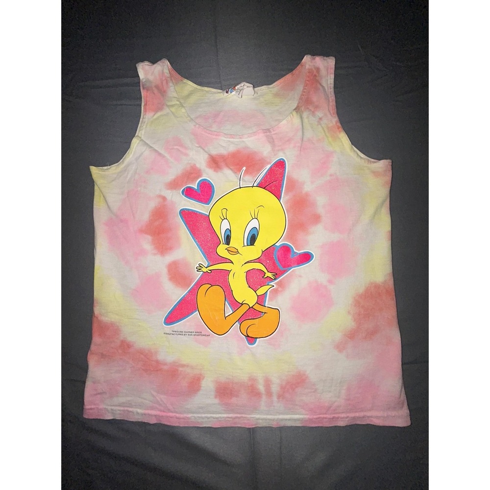 Vintage Warner Bros Tweety Tank Shirt Youth 10/12 Pink Tie Dye Looney Tunes 90s